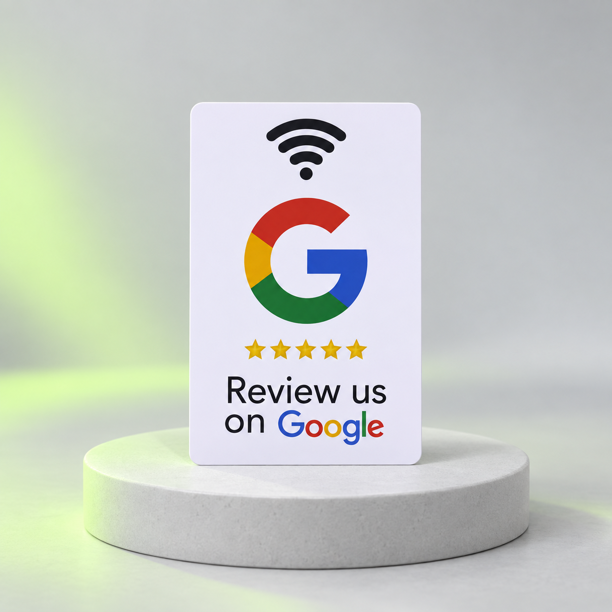 Card NFC Google Review: simbolo NFC, logo Google, cinque stelle e scritta Review us on Google